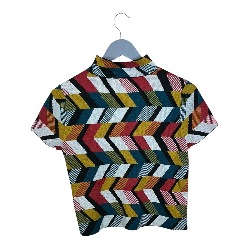 Maeve Anthropologie Geometric Chevron Mock Neck Short Sleeve Knit Top XSP Multi